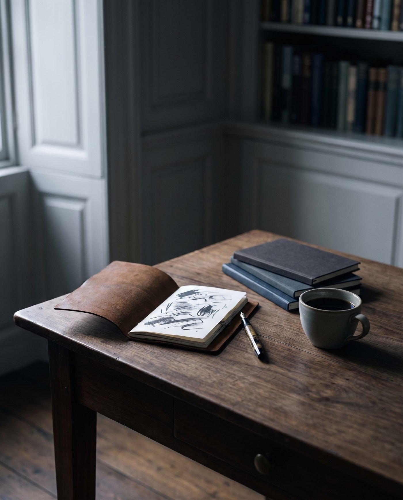 An open leather notebook and fountain pen on a dark walnut desk in a panelled study