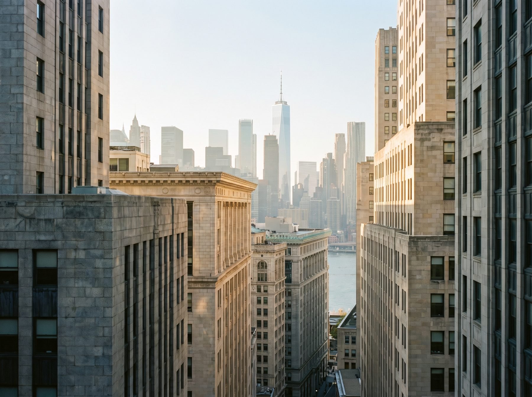 Lower Manhattan office towers in early morning light