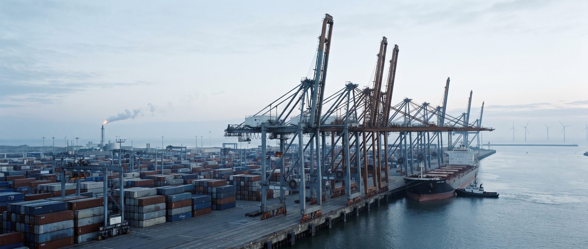 Gantry cranes and stacked containers at a deep-water port at first light