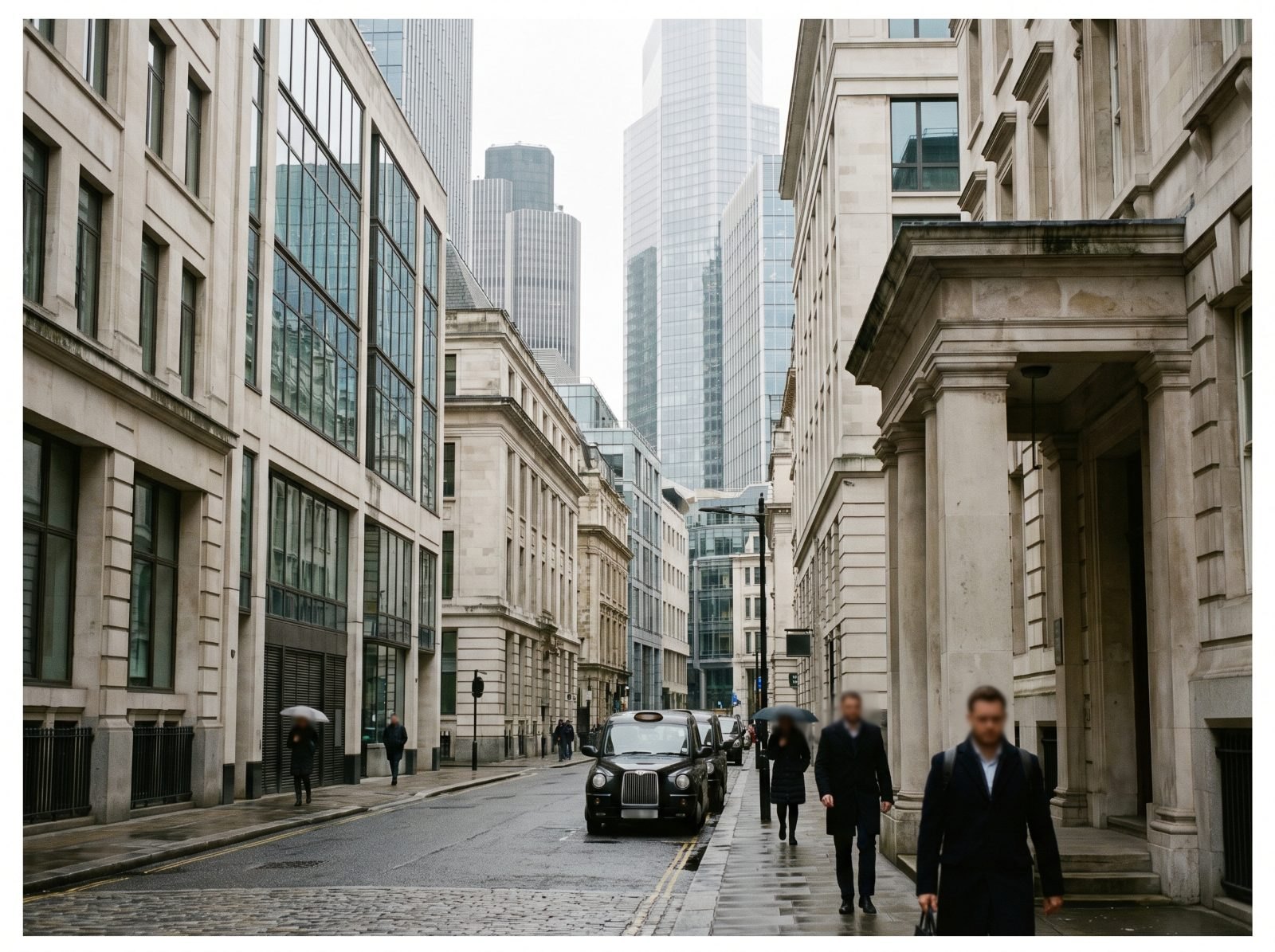 Office towers in the City of London seen from street level