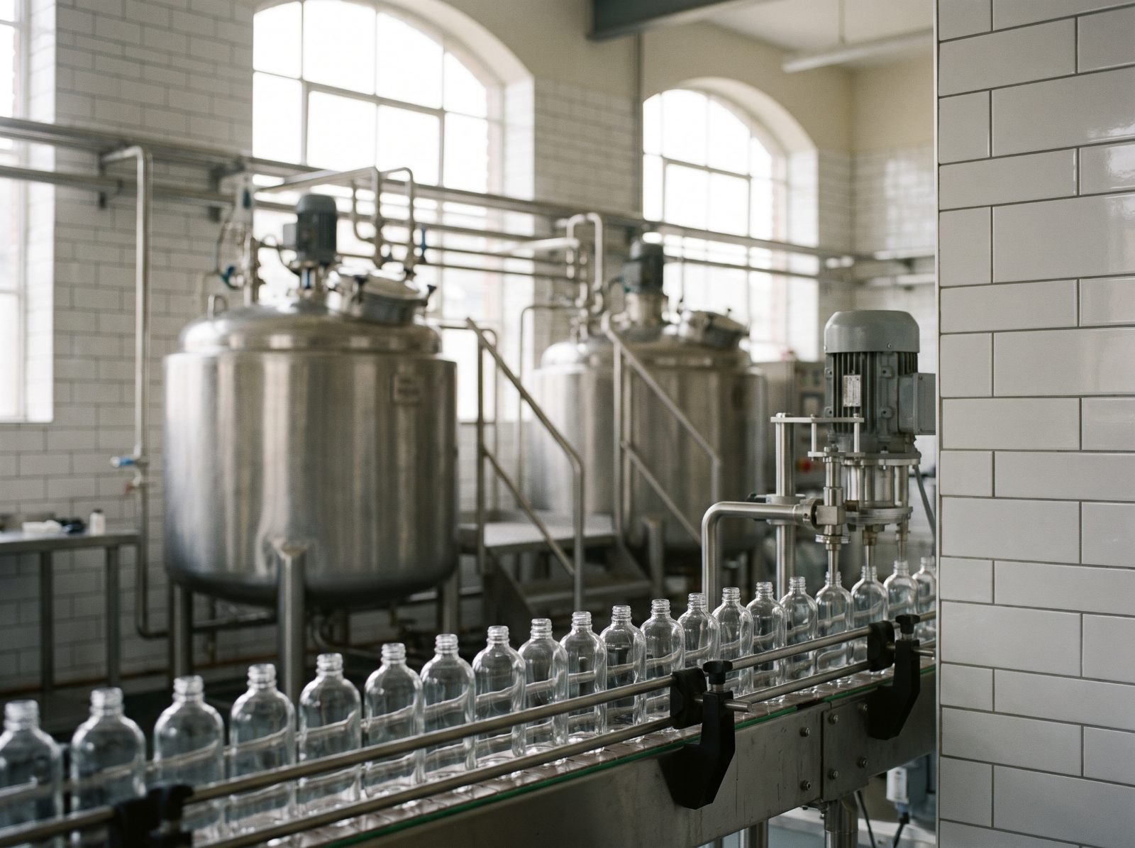 Glass bottles on a filling line inside a personal-care products factory