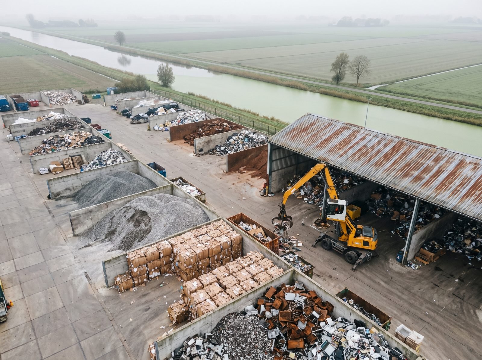 Aerial view of a European materials-recovery yard with sorted material in bays